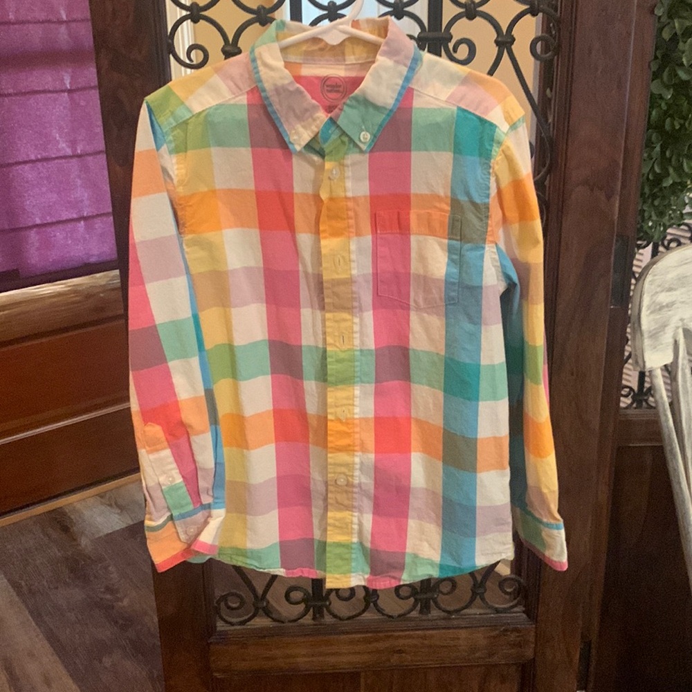 Multi color button up shirt. Worn once. No stains.